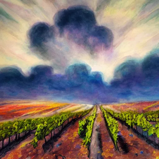 Image similar to burning vineyards in a thunderstorm, art station, ghost in the sky, detailed