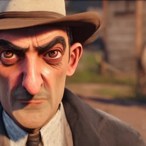 Prompt: Film still of Mister Bean, from Red Dead Redemption 2 (2018 video game)