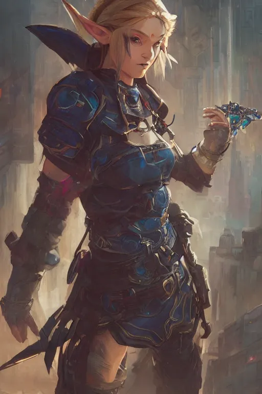 Image similar to Detailed masterpiece concept art of Cyberpunk Princess Zelda in a gritty world hyperdetailed concept art by Ross Tran and Greg Rutkowski, high quality DnD illustration, trending on ArtStation, all rights reserved Wizards of the Coast. Film grain