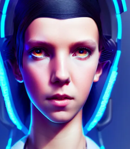 Image similar to beautiful portrait of a cyberpunk goddess who looks like Millie Bobby Brown , character design by charlie bowater, ross tran, artgerm, and makoto shinkai, detailed, soft lighting, rendered in octane
