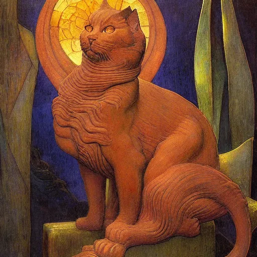 Image similar to masterpiece cat sculpture from an unknown lost civilization, by annie swynnerton and diego rivera and nicholas roerich and jean delville and charlie bowater, symbolist, dramatic lighting, god rays, art brut, rich colors, smooth sharp focus, extremely detailed, adolf wolfli and ( donato giancola and bilibin )