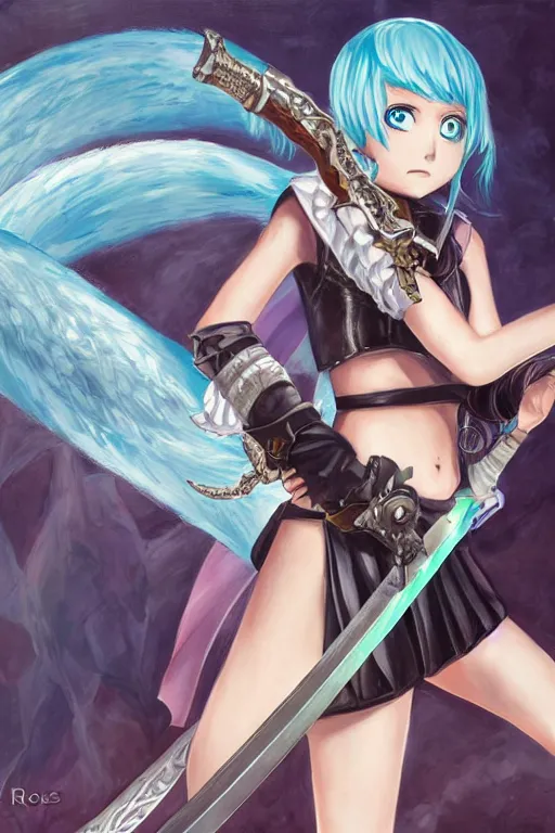 Prompt: hatsune miku holding dragon slayer sword from berserk, by ross tran, oil on canvas