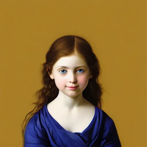 Image similar to full body portrait of a girl with blue eyes, gentle round face, with a bright smile, long dark hair, highly detailed, deep focus, elegant, digital painting, smooth, sharp focus, golden ratio, illustration, ultra realistic, 8 k, art by artemisia lomi gentileschi and caravaggio