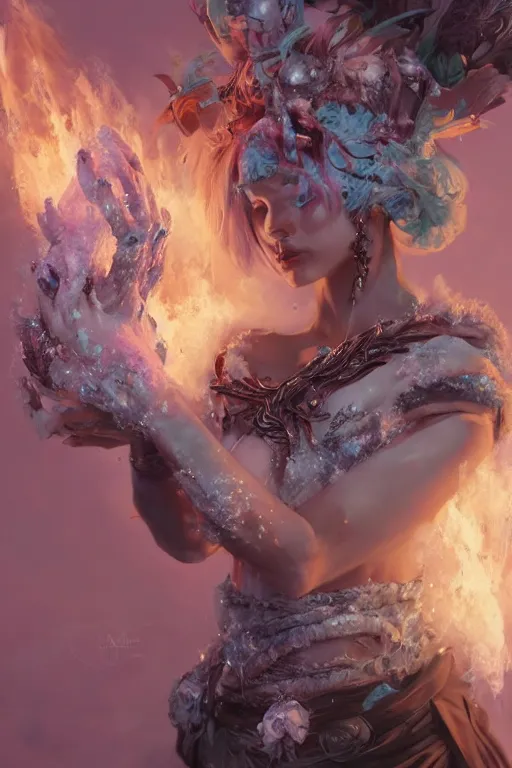 Prompt: beautiful girl necromancer, witch - doctor covered with ice exploding into flowers, angels, 3 d render, hyper - realistic detailed portrait, holding fire and electricity, ruan jia, wlop. scifi, fantasy, magic the gathering, hyper detailed, octane render, concept art, peter mohrbacher