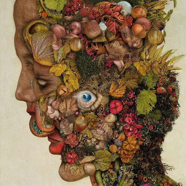 Image similar to profile portrait of a woman, leaves, by giuseppe arcimboldo,, psychedelic, surreal, sci - fi, dreamlike.