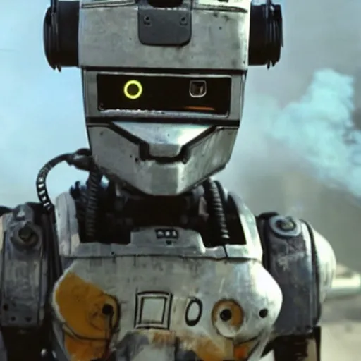 Image similar to chappie the robot, smoking a cigarette, tons of smoke