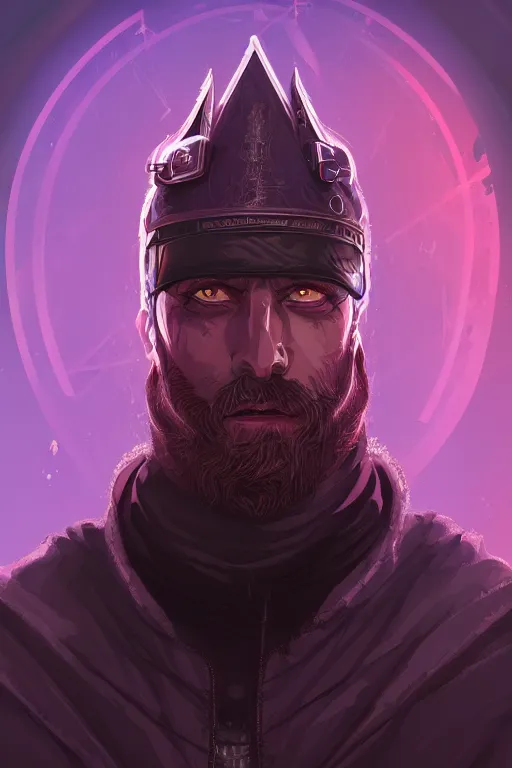 Prompt: a portrait of the cyberpunk medieval - styled king, purple eyes, short beard, high - contrast, intricate, elegant, highly detailed, digital painting, artstation, concept art, smooth, sharp focus, illustration
