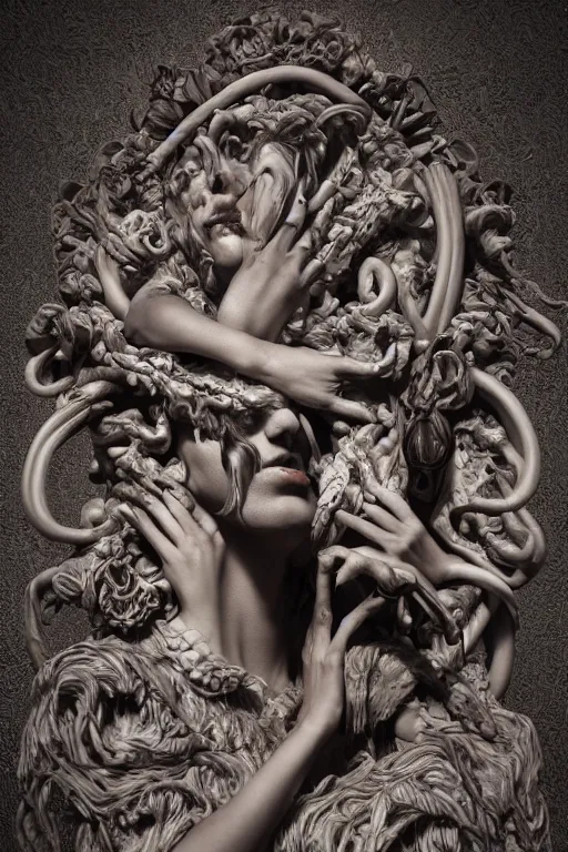 Image similar to dark beauty, surrealism, sculpture, baroque element. intricate artwork by caravaggio. trending on artstation, baroque elements, octane render, cinematic lighting, hyper realism,