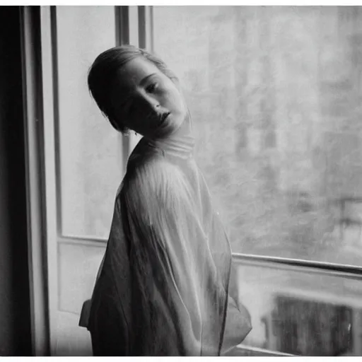 Image similar to black and white fashion photograph highly detailed portrait of a depressed beautiful 30 years old model woman standing by the window, natural light, rain, mist, lomo, fashion photography, film grain, soft vignette, sigma 85mm f/1.4 1/10 sec shutter