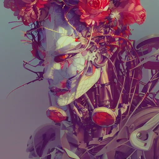 Image similar to surreal gouache painting, by yoshitaka amano, by ruan jia, by conrad roset, by kilian eng, by good smile company, detailed anime 3 d render of a mechanical android head with flowers growing out, portrait, cgsociety, artstation, modular patterned mechanical costume and headpiece, retrowave atmosphere