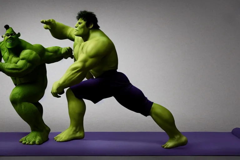 Image similar to the hulk and shrek doing yoga poses in the morning, produced in surreal sweatshop under fluorescent dominion, advanced, photorealistic, realistic, dramatic lighting, fantastic reality, by michelangelo, 8 k resolution