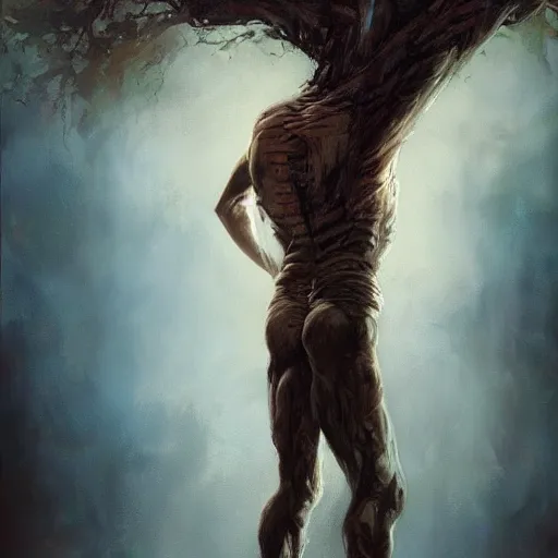 Image similar to tree comming out of man's chest, paint by Raymond Swanland