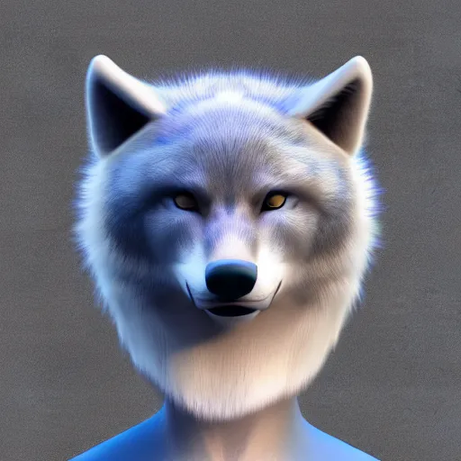 Image similar to 3 d render, well toned, female anthropomorphic wolf, blue fur with white spots, clothed.