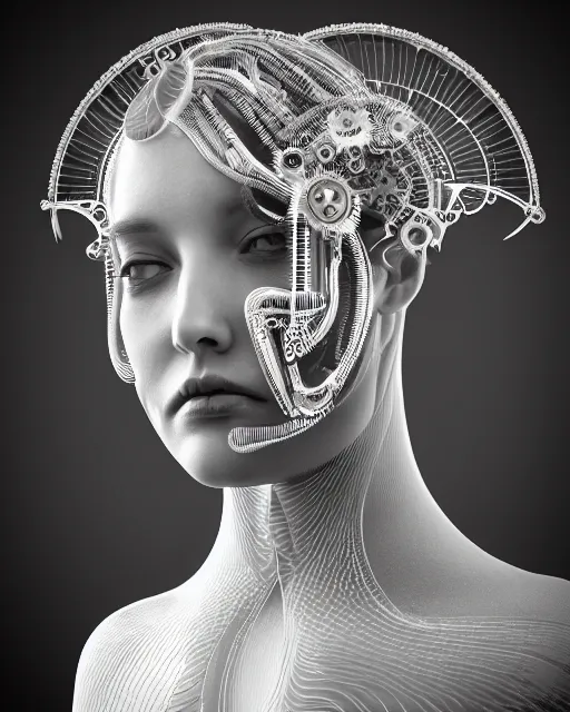 Image similar to mythical dreamy black and white organic translucent bio-mechanical spinal ribbed profile face portrait detail of steampunk mechanical beautiful female angelic-human-queen-realistic-cyborg, highly detailed, intricate crystal jelly ornate, poetic, 3D render, digital art, octane render, 8K artistic photography, photo-realistic, by Dora Maar