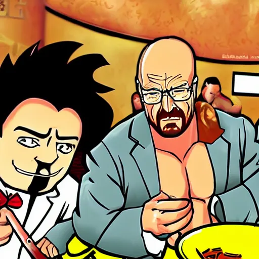 Image similar to saul Goodman oil wrestling walter white anime style