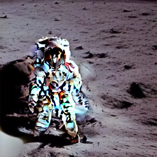 Prompt: A photo of an astronaut on the moon without his helmet eating garlic bread with knife and fork,the bread is on a red table,earth in the background