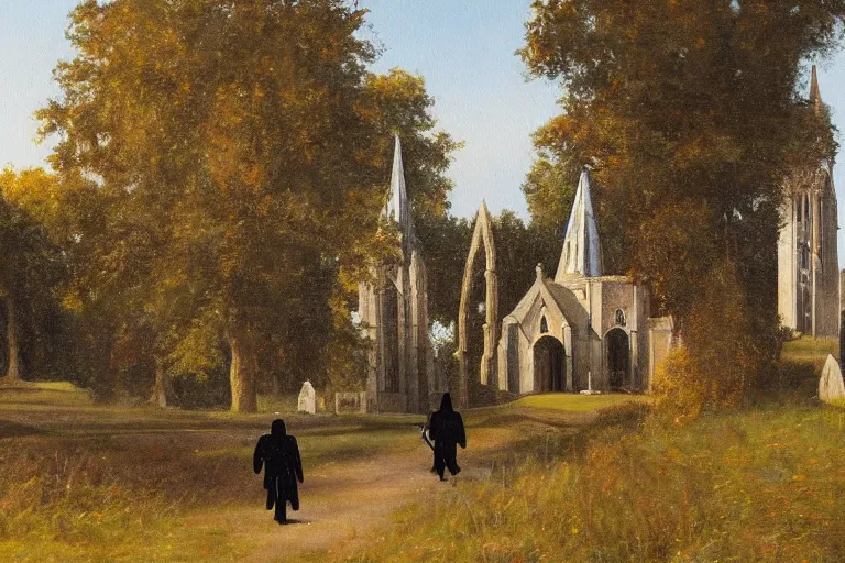 Prompt: a detailed oil painting of darth vader leaving a quaint medieval flint church, english, churchyard, trees, golden hour, lead - covered spire, realistic