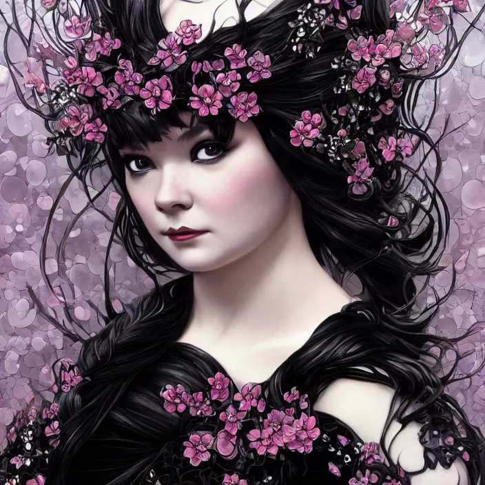 Image similar to a photograpic portrait of a anthropomorphic bjork cherry - blossom wearing black cyber dress, fantasy, intricate, elegant, highly detailed, digital painting, artstation, concept art, smooth, sharp focus, illustration, art by artgerm and h r giger and alphonse mucha