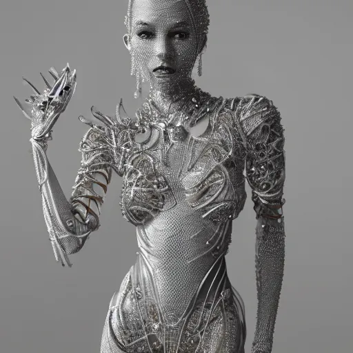 Image similar to full body detailed, ethereal, biomechanical, covered in diamonds and other gems glowing, highly detailed face, elegant posed, intricate, extremy detailed, beeple, cgsociety, 3 d unreal engine octane render. cinematic lighting, highly detailed 4 k art