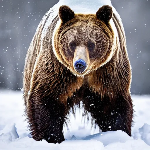 Prompt: Photorealistic photograph of a bear in snow by Sergey Gorshkov, photorealism, photorealistic, realism, real, highly detailed, ultra detailed, detailed, f/2.8L Canon EF IS lens, Canon EOS-1D Mark II, Wildlife Photographer of the Year, Pulitzer Prize for Photography, 8k