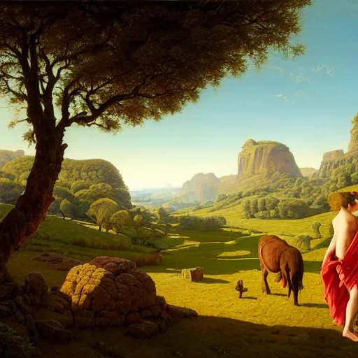 Image similar to highly detailed painting of an idyllic ancient roman pastoral landscape, dramatic, sense of scale, stephen bliss, unreal engine, greg rutkowski, ilya kuvshinov, ross draws, hyung tae and frank frazetta, tom bagshaw, tom whalen, nicoletta ceccoli, mark ryden, earl norem, global illumination, god rays, beautiful