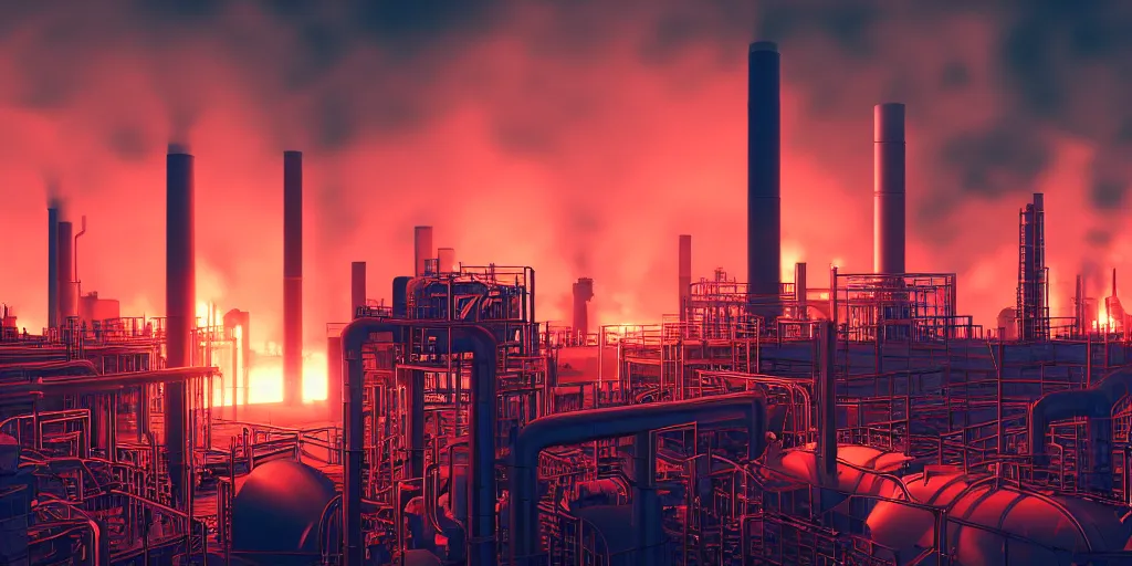 Image similar to chemical plant at night, smokestacks with plumes of fire, red glow in the horizon, ray tracing, refractive, award winning, trending on artstation, digital art. highly detailed 8 k. intricate