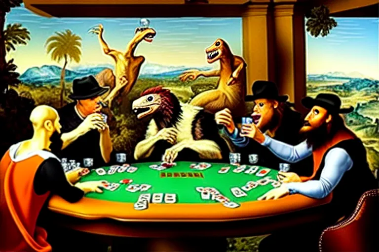 Image similar to velociraptors playing poker on a bar while drinking beer, in the style of a renaissance painting.