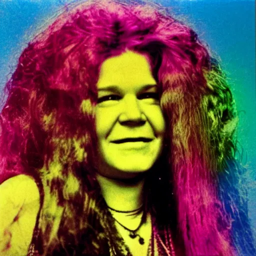 Image similar to Janis Joplin, psychedelic rainbow colors,