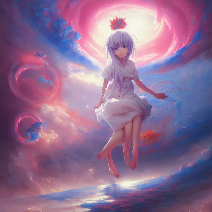 Image similar to Cute Anime Female Character, LSD Dream Emulator, paranoiascape ps1, official anime key media, Iwakura Lain, LSD Dream Emulator, paranoiascape ps1, official anime key media, painting by Vladimir Volegov, beksinski and dan mumford, giygas, technological rings, johfra bosschart