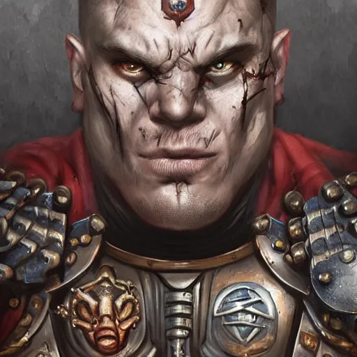 Prompt: detailed handsome scarred male guard in warhammer 4 0 k, perfect eyes, intimidating, strong, highly detailed, horizontal symmetry, dynamic pose, top lighting, darker colors, sharp focus, ultra realistic digital art by raymond swanland and zdzisław beksinski