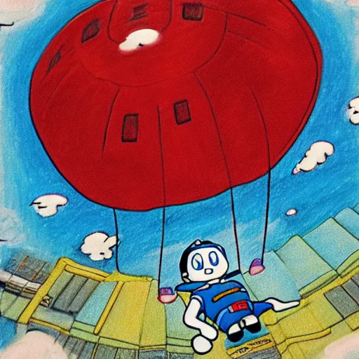 Image similar to drawing of doraemon violently skydiving