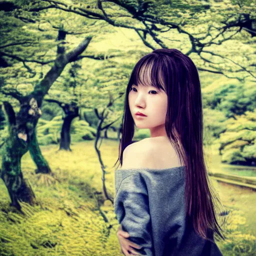 Image similar to a beautiful photograph of a girl with japan landscape in the background with trees, hdr, 8 k, high quality, sharp focus, artstation, highly detailed, award - winning, dramatic lighting, beautiful clouds, and nature