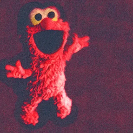 Prompt: A grainy film photograph of Elmo levitating with stigmata, photorealistic imagery, 8k quality