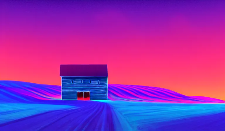 Image similar to a beautiful, sharp focus, and immaculate barn on the palouse. vaporwave ombre rendering. outrun style. trending on artstation. recommended for you behance. by chris moore. by edward hopper. beeple colors. ambient occlusion. digital matte painting. metropolis filmic. gotham city. overcast.