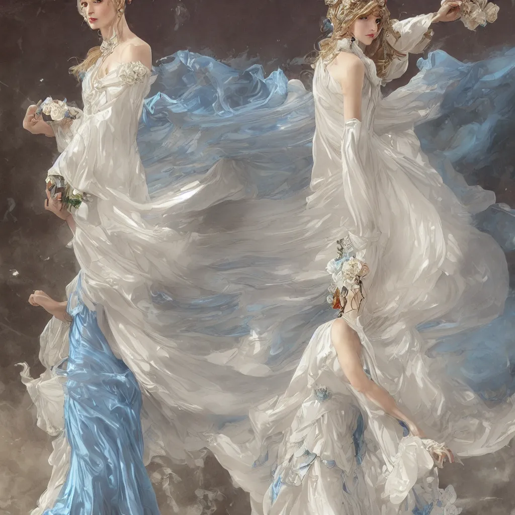 Prompt: lady dressed in a vaporous wrapped large victorian cream roses silk semi-transparent blue and cream dress fashion is running D&D, fantasy, intricate, elegant, highly detailed, digital painting, artstation, concept art, matte, sharp focus, illustration, art by Artgerm and Greg Rutkowski and Alphonse Mucha