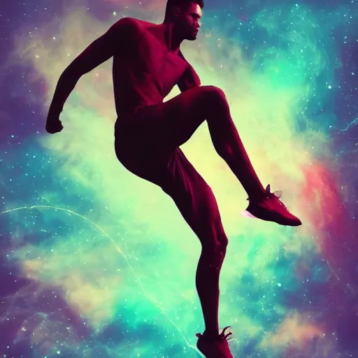 Image similar to athletic man, inspiring pose, floating, silhouette, long shot, in a cosmic nebula background, matte colors, very very very dramatic, inspiring digital art trending on artstation