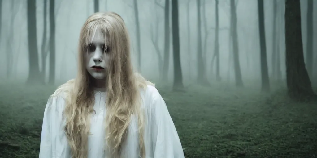 Image similar to a white female ghost in a forest, 35mm, cinematic atmosphere, mist, photorealistic, depth of field, gloomy