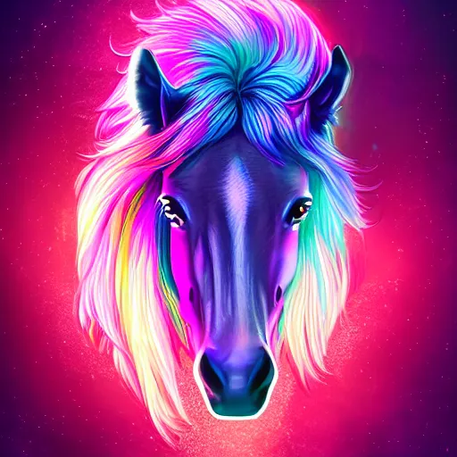 Prompt: digital horse, pretty horse, retrowave palette, highly detailed, anatomically correct equine, synth feel, smooth face, ear floof, flowing mane, no reins, super realism, accurate animal imagery, 4 k, digital art