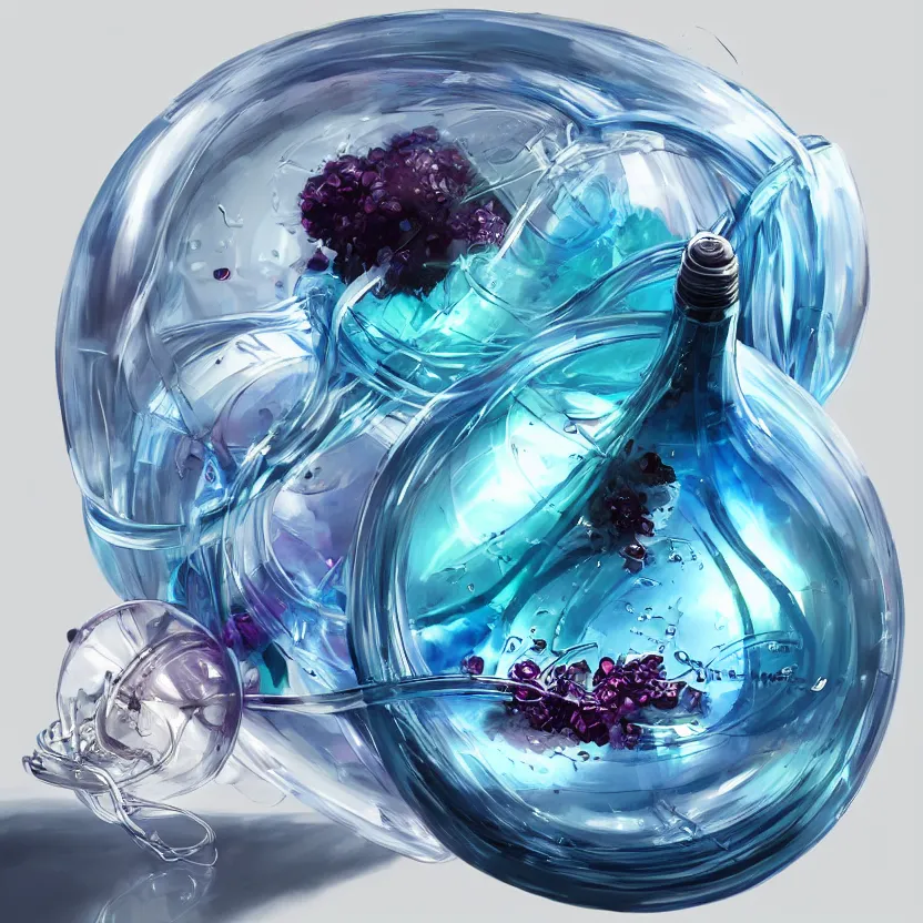 Image similar to concept art of an ethical dietary supplement in a round transparent bottle with black sticker on it, filled with a blue magenta iridescent liquid, by aenaluck, artgerm and roberto ferri and greg rutkowski, light blue and white tones, digital painting, artstation, concept art, smooth, sharp foccus ilustration hq