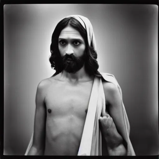 Image similar to photo of Jesus Christ by Diane Arbus, black and white, high contrast, Rolleiflex, 55mm f/4 lens