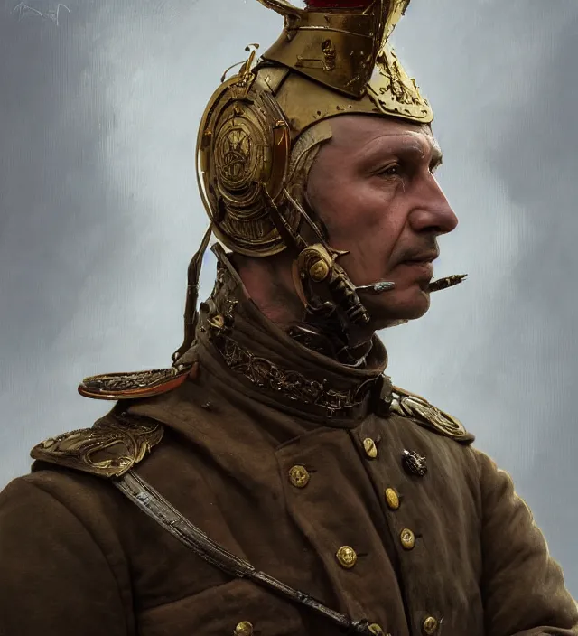 Image similar to portrait of a polish man wearing a traditional nineteenth century military jacket, inspired by the winged hussars, metal shoulder pauldrons, highly detailed, digital painting, artstation, concept art, sharp focus, cinematic lighting, illustration, art by artgerm and greg rutkowski, alphonse mucha, cgsociety