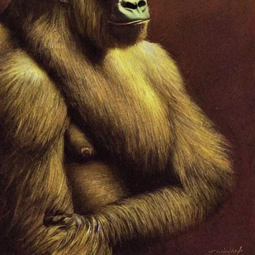 Image similar to highley detailed potrait of a gorilla, painting by gaston bussiere, craig mullins, j. c. leyendecker, lights, art by ernst haeckel, john william godward, hammershøi,