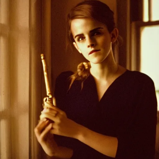 Image similar to Photograph of Emma Watson holding a tobacco pipe by the window. Golden hour, dramatic lighting. Medium shot. CineStill