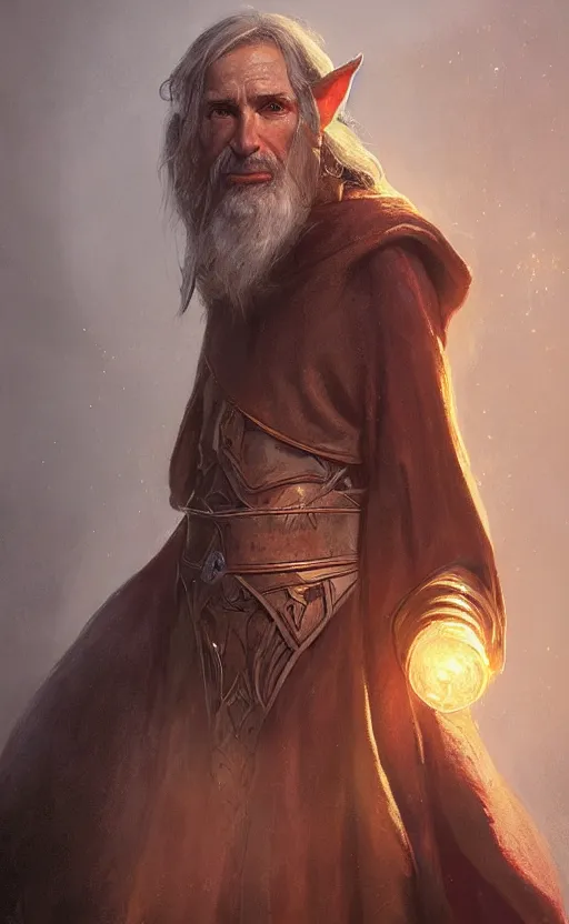 Image similar to Portrait of an elf in his 50s wearing a wizards robes, male, detailed face, fantasy, highly detailed, cinematic lighting, digital art painting by greg rutkowski