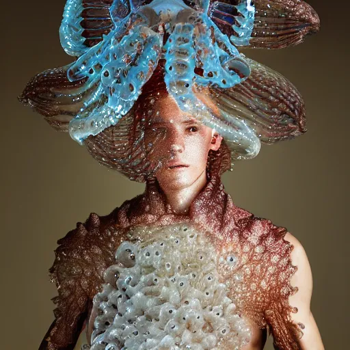 Image similar to a portrait of a beautiful young male wearing an alexander mcqueen armor made of jellyfish , photographed by andrew thomas huang, artistic