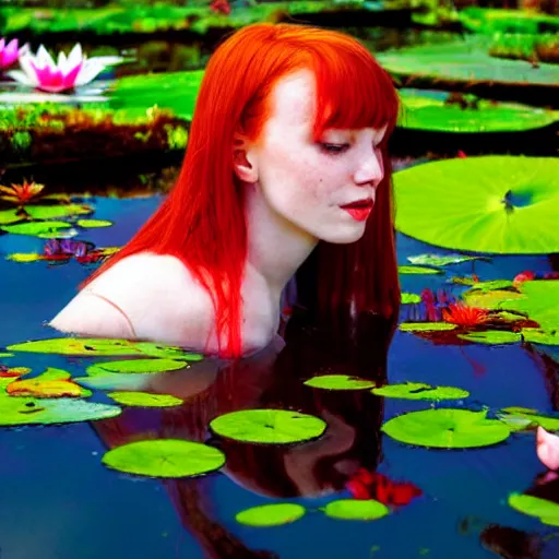 Prompt: A red-haired girl bathes in a lake where water lilies are floating, High definition, detailed,