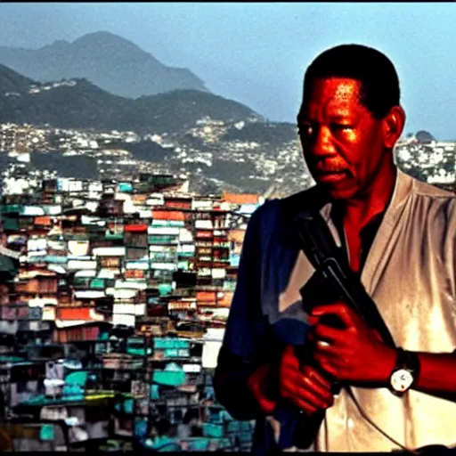 Image similar to a film still of Morgan Freeman as Hitman (2007), favela, sunset