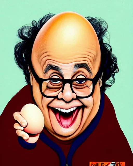 Image similar to painting portrait of danny devito as an egg, cartoon, warm lighting, danny devito has an egg body, movie poster, illustration by bartek fedyczak, erak note, tooth wu, neil richards, kan liu, siwoo kim, jisu choe, trending on art station