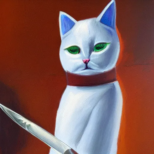 Image similar to cat swordman, brush strokes, oil painting