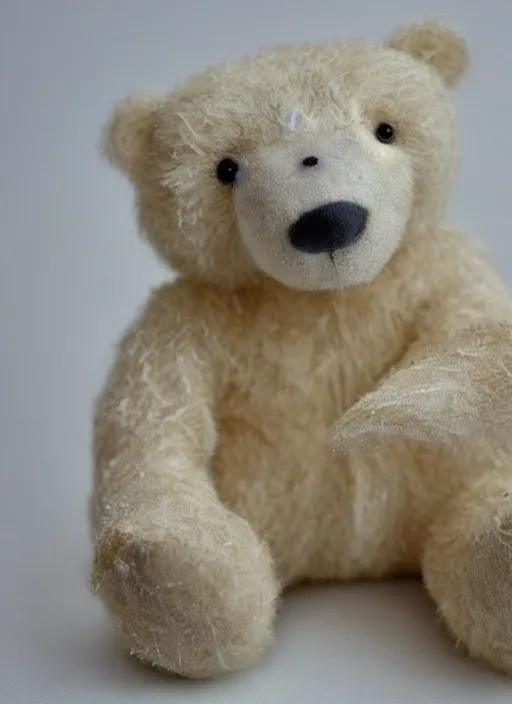 Prompt: a teddy bear polar bear, well - loved, worn, threadbare, pointed nose, button for an eye